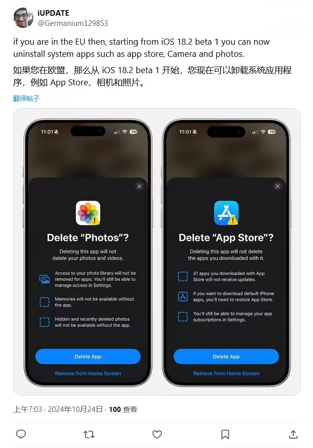 东乌珠穆沁苹果手机维修分享iOS 18.2 支持删除 App Store 应用商店 