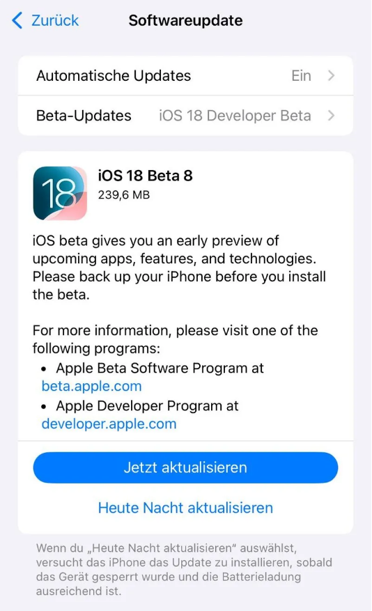 东乌珠穆沁苹果手机维修分享苹果 iOS / iPadOS 18 开发者预览版 Beta 8 发布 